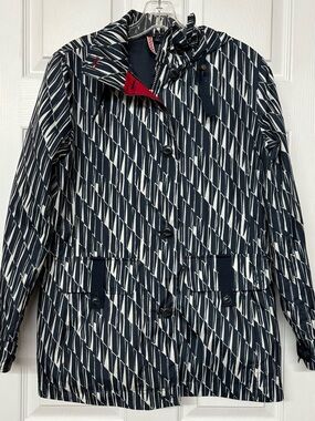 Lands’ End Hooded Rain Jacket Windbreaker Navy White Geometric Print Red Sz XS